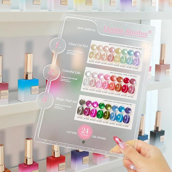 Double Rhythm 28Pcs 0.5Oz Glass Cat Eye Gel Nail Polish Set Same Color Same Bottle Soak Off Magnetic Jelly Gel Polish Kit Nail Art Manicure Salon DIY at Home (Nude Pink Blue Green-T24-10)