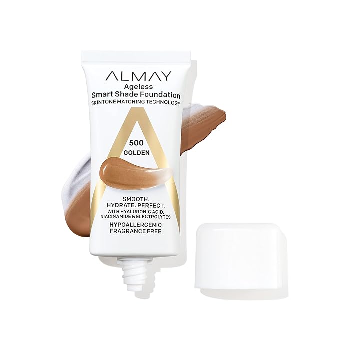 Almay Anti-Aging Foundation, Smart Shade Face Makeup with Hyaluronic Acid, Niacinamide, Vitamin C & E, Hypoallergenic-Fragrance Free, 500 Golden, 1 Fl Oz (Pack of 1)