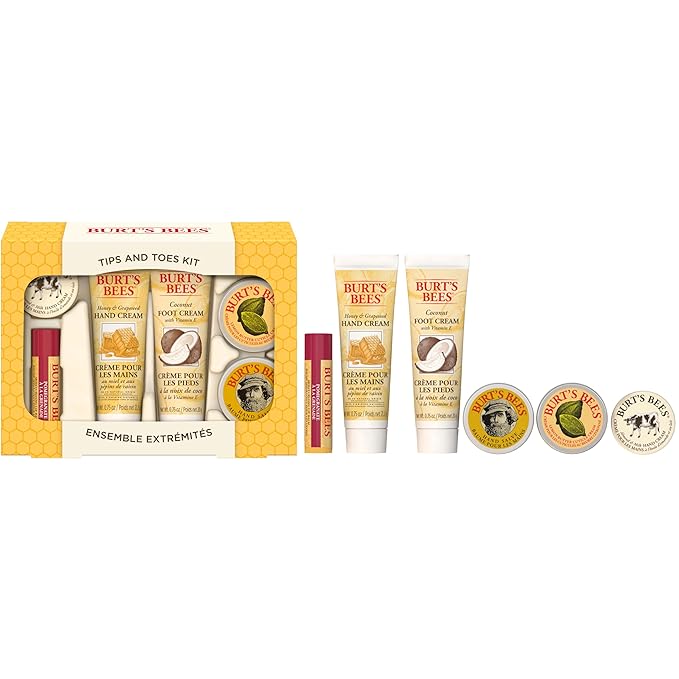 Burt's Bees Back to School Gifts Ideas, 6 Body Care College Dorm Products, Tips and Toes Set - Pomegranate Moisturizing Lip Balm, 2 Hand Creams, Foot Cream, Cuticle Cream & Hand Salve