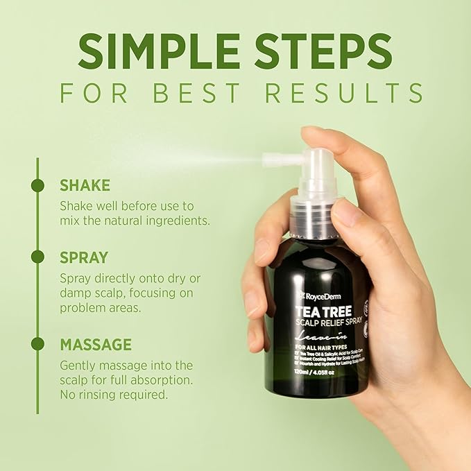 RoyceDerm Tea Tree Scalp Relief Spray: Leave-In Scalp Care for Dry, Flaky, and Itchy Scalp - Tea Tree Oil Formula for Comfort, Hydration, and Balance - Conditioning Support for Women & Men
