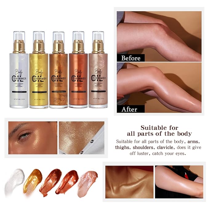 Shimmer Body Luminizer 5 Color Waterproof Smooth Face Body Glow Illuminator Non-sticky Liquid Body Highlight Illuminator for Face & Body & Leg (80 ML, 01 Pearl White)