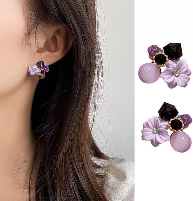 Boho Amethyst Flower Drop Earrings Vintage Purple Rhinestones Flora Petal Earrings Statement Purple Rose Studs Wedding Prom Geometric Crystal Flower Earrings Jewelry for Women