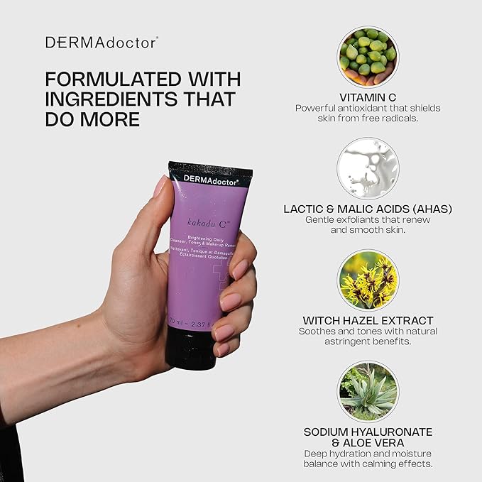 DERMAdoctor Kakadu C Dermatologist Formulated Vitamin C Brightening Daily 3 in 1, Exfoliating Face Wash, Toner, Make up Remover, Hydrating Facial Cleanser for Uneven, Dull Skin, Travel Size - 2.37 oz