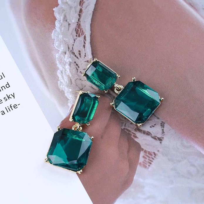 Vintage Emerald Square Earrings Green Emerald Drop Earrings Geometric Emerald Earrings Luxury Wedding Green Crystal Stud Earrings Jewelry for Women