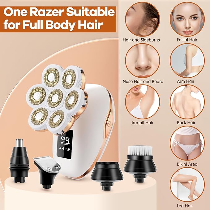 Electric Razor for Women, 7D Facial Hair Removal, 5-in-1 Wet/Dry Bikini Trimmer, Electric Shaver for Women, Rechargeable Face Shaver for Arms Legs Armpit Pubic Area, Painless Womens Grooming Kit