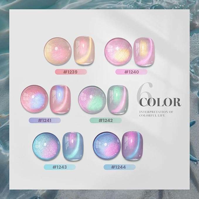 RARJSM Aurora Pearl Cat Eye Gel Nail Polish Set 6pcs Ceramic Silver Shimmer Universal Pink Green Blue Purple Orange Glitter Mermaid Swirl Shell Thread Effect with Magnet Stick Curing Requires