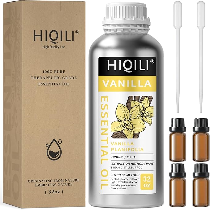 HIQILI 32 Ounces Vanilla Essential Oil, Strong Fragrance for Body Lotion, Candle Making, Soap, Aromatherapy-32 Fl Oz