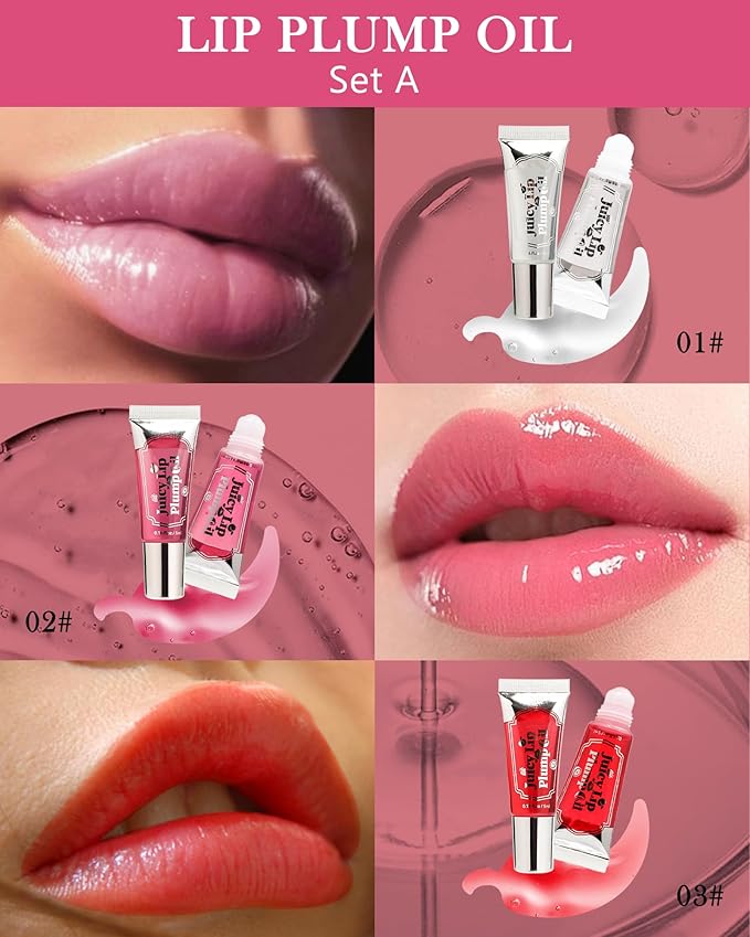 Plumping Lip Oil Kit-3Pcs Hydrating Glossier Tinted Lip Gloss,Long Lasting Lip Plumper and Pout Booster LIpgloss, Moisturizing Non-Sticky Natural Fuller Lip Tint Stain, Makeup Gift for Women-Set A