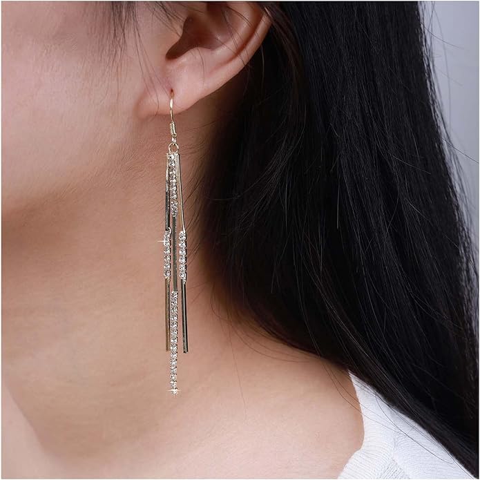 Vintage Crystal Tassel Earrings Rhinestone Bar Drop Earrings Long Rhinestone Chain Earrings Gold Cz Bar Hook Earrings Sparkle Tennis Chain Earrings Jewelry for Women