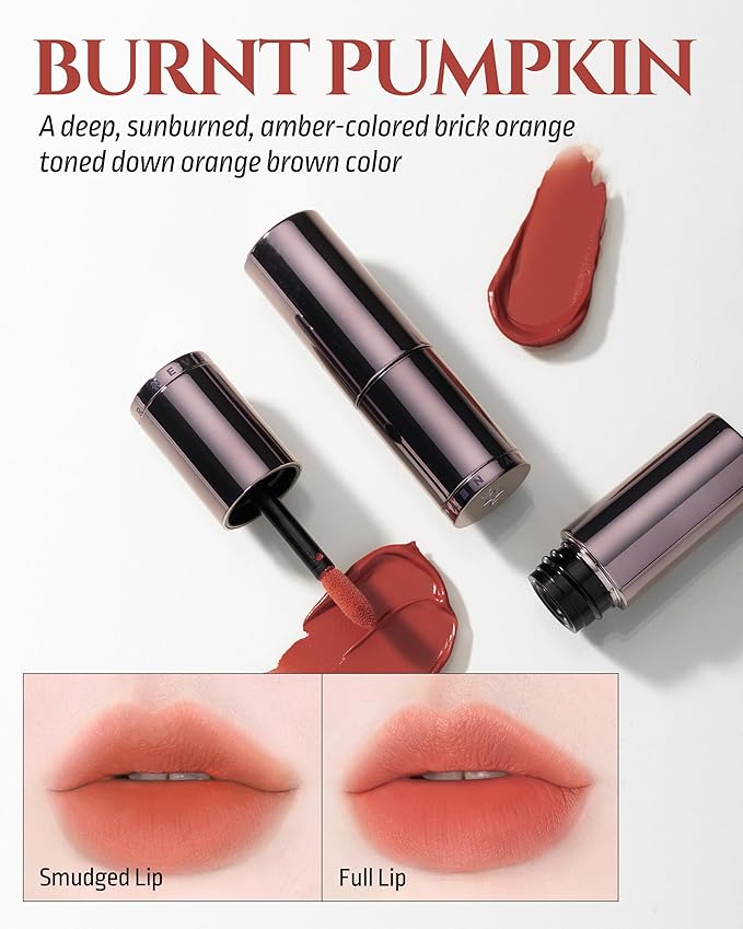HEVVYMAKEUP Blurring Effect Lip Tint - Airy Velvet Matte Lips - Vegan, Longwear, Vibrant, Buildable Creamy Soft Texture - Korean Lip Makeup, Burnt Pumpkin, 0.13 fl.oz.