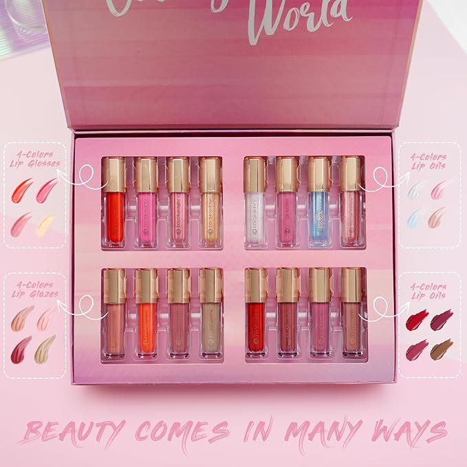 Color Nymph 16 PCS Lip Glosses Collection, Shimmery Lip Glosses for Women and Girls, Long Lasting Color Lip Gloss Set with Rich Varied Colors (Iridescent Pink)