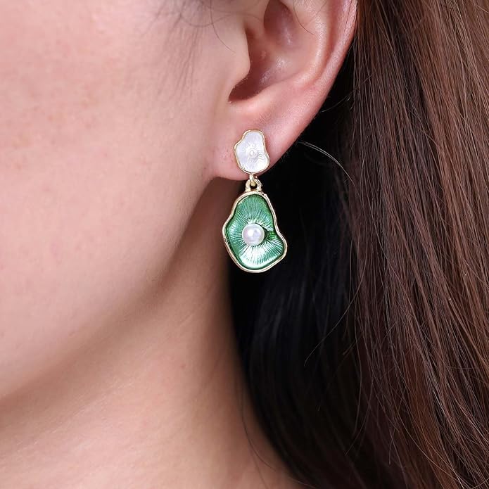 Vintage Lotus leaf Pearl Drop Earrings Green Lotus Leaf Earrings Green Enamel Flower Earrings Gold Irregular Pearl Earrings Jewelry for Women