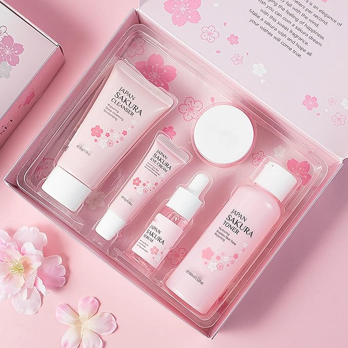 Skin Care Set - Women Gift Sets - Sakura Skin Care Sets & Kits - Gift Set with Cleanser,Toner,Serum,Eye Cream,essence Serum - Beauty Products For Women (SetC)