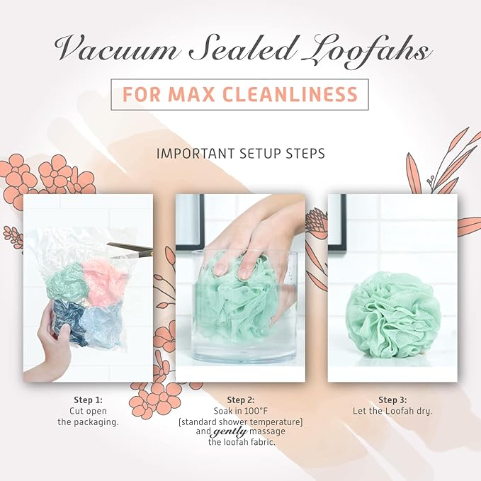 Spongentle Premium Deep Cleansing Loofah Sponge for Radiant Skin, Pack of 4, Bath and Shower, Exfoliating Body Scrubber, Beautiful Colors for Women and Men