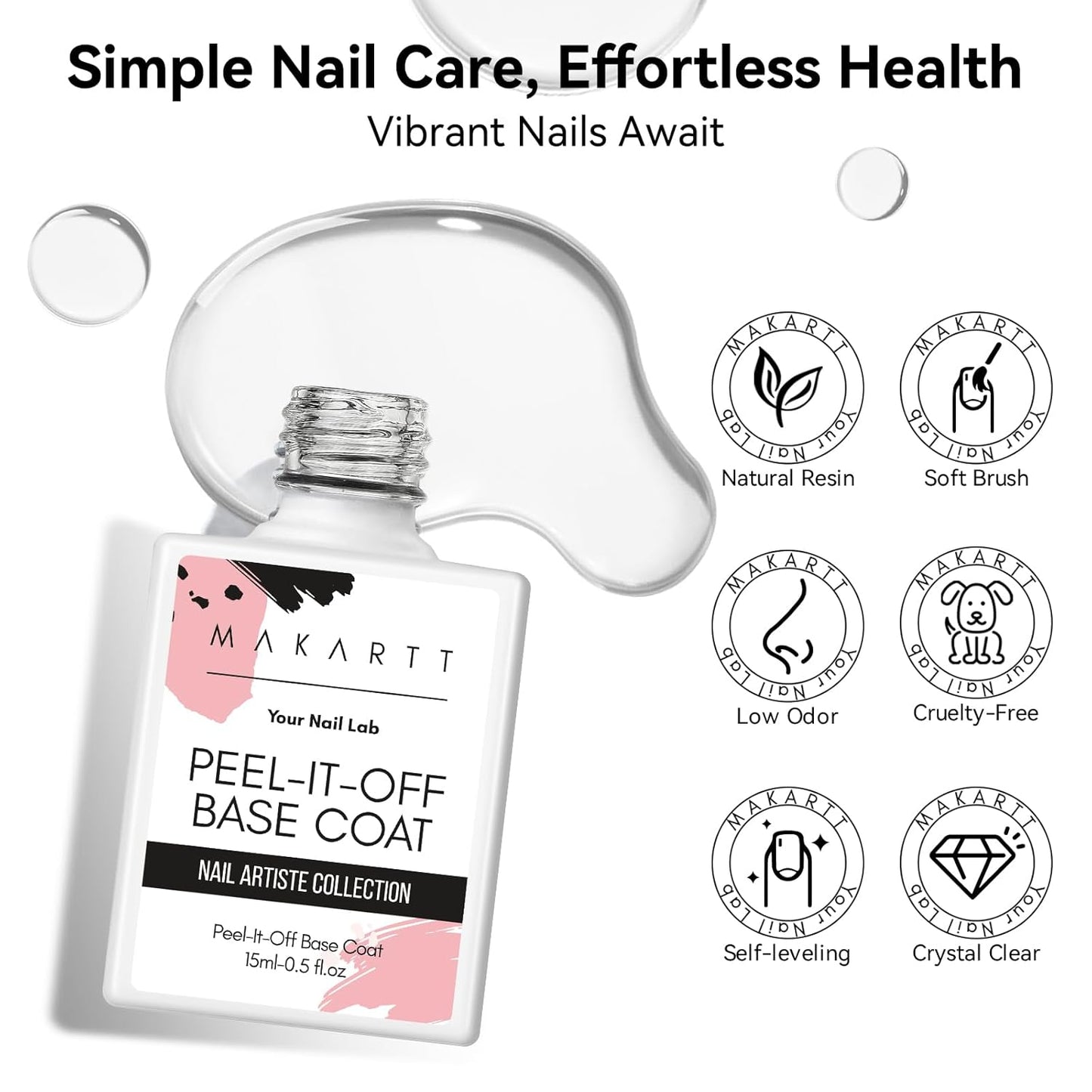 Makartt 15ml No Wipe Gel Top Coat and Peel Off Base Coat Set - 2Pcs Shine Finish Long Lasting No Filing Soak Off Clear Top Base Gel, UV LED Nail Lamp Required, for Women Nail Art DIY