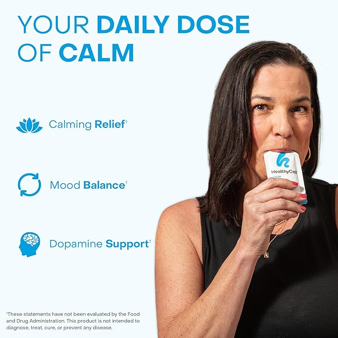 Healthycell Calm Mood Daily Liquid Supplement - Cortisol Manager & Mood Support Supplement for Stress with Ashwagandha, L-Theanine, Magnesium, 5-HTP, GABA & Saffron - 14 Gel Packs