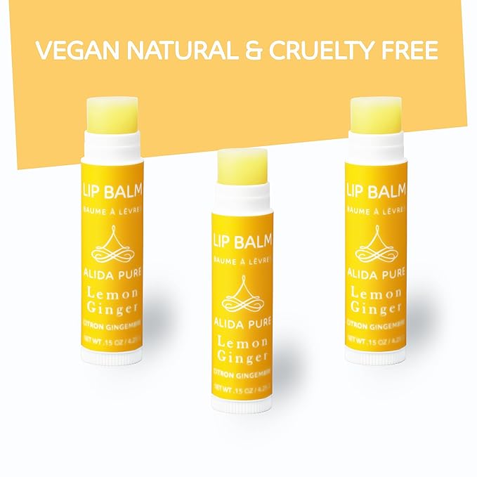 Lemon Ginger Lip Balm Collection, Vegan Lip Balm Set, Bees Wax Free, with Avocado Oil, Organic Jojoba Oil, Vitamin E, Natural Moisturizer For Dry, Cracked, or Chapped Lips, 3 Tube Set