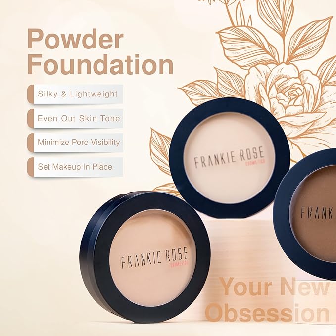 Frankie Rose Cosmetics Powder Foundation – Full Coverage Face Powder For Pores & Imperfections, Evens Out Skin Tone & Shine-Control | 58 Grams (Olive)