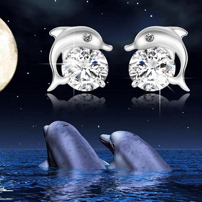 Silver Dolphin CZ Earrings Cute Animal Stud Earrings Tiny Earring Jackets Gifts for Women and Girls