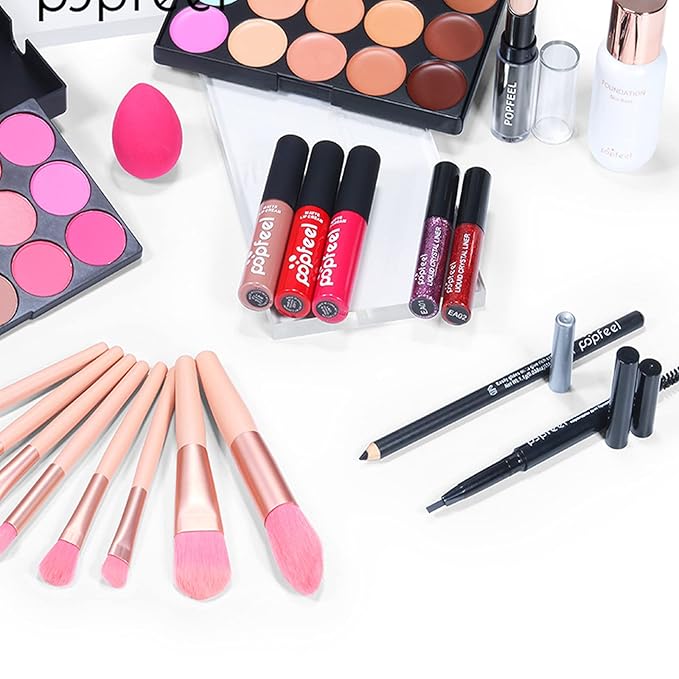 Professional All in One Makeup Kits for Women, Cosmetic Essential Starter Bundle, Eye Shadow, Blush, Liquid Lipgloss, Foundation Brush, Makeup Set with Makeup Bag, Christmas Valentines Gift Box