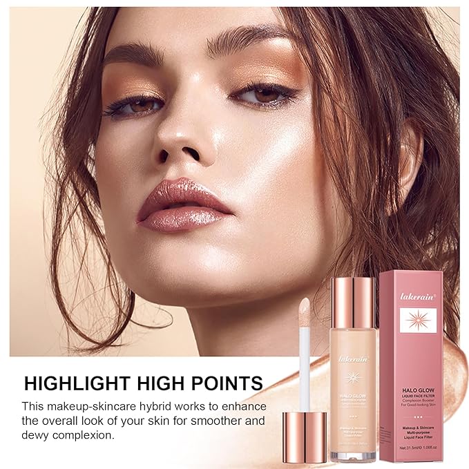Natural Glow Liquid Filter Makeup, Longwear Face Luminizer, Complexion Booster For Any Part of the Body, Liquid Highlighter with Brush Kit, Infused Hyaluronic Acid, 1.06 fl oz (#07 DEEP/RICH)