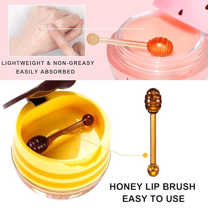 3Pcs Lip Balm Honey Pot with Stick, Honey Strawberry Apple Moisturizing and Hydrating Sleeping Lip Mask, Day and Night Repair and Care, Improve Lip Color, Reduce Lip Lines (SET B)