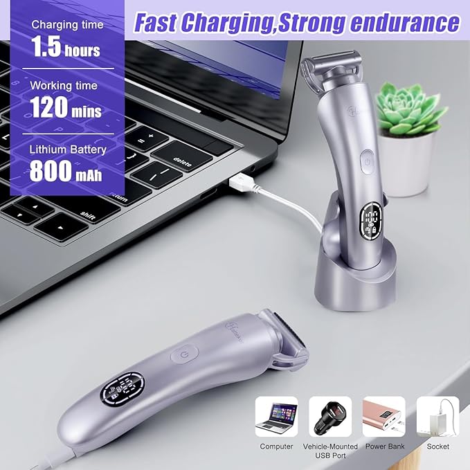 Hatteker Women's Electric Shaver Bikini Trimmer Hair Trimmer for Women LED Display Electric Razor for Legs Bikini Underarm Public Hairs Led Display IPX7 Waterproof Gift for Women (Purple)