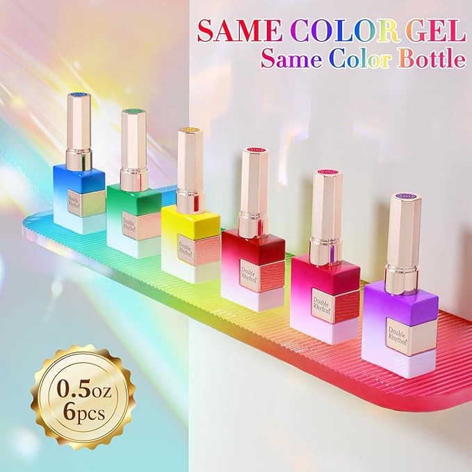 Double Rhythm 6 Pcs 15 ML Gel Polish Set Same Color Same Bottle Soak Off Gel Polish Kit Nail Art Manicure Salon DIY at Home for Women (Jelly Yellow Pink Red Purple Blue-T6-25)