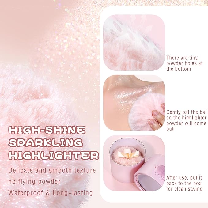 Highlighter Makeup Powder Plush Peach Ball Puff Glitter Shimmer Sparkle Loose Patting Powder for Body Face Hair Multi-Use High Gloss Shine Bright Illuminator Makeup Glossy Diamond Glow