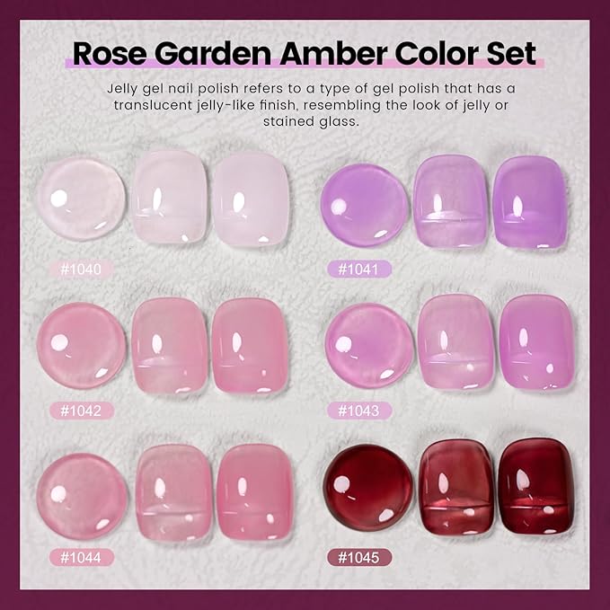 RARJSM Purple Pink Jelly Gel Nail Polish Set 6pcs Clear Crystal Glass Grape Purple Rose Pink Series Transparent Sheer Amber Milky Gel Varnish LED UV Curing Requires Soak off French Manicure Home Salon