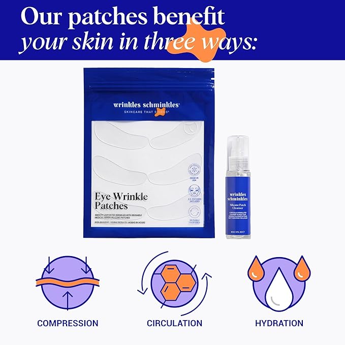 Wrinkles Schminkles Under Eye Wrinkle Starter Pack - Set of Reusable Under Eye Wrinkle Patches (3 pairs) + Silicone Patch Cleanser (2 oz) for Smoother Under Eyes & Fresh Look