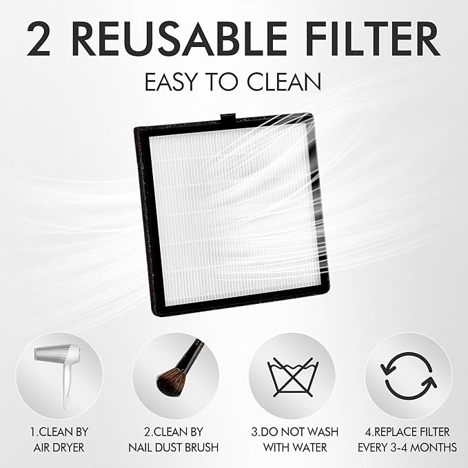L'UGX Rechargeable Nail Dust Collector with 2 Reusable Filters, Professional 70W Nail Extractor Vacuum Acrylic Nail Dust Cleaner, Perfect for Home Salon Use, Low Noise