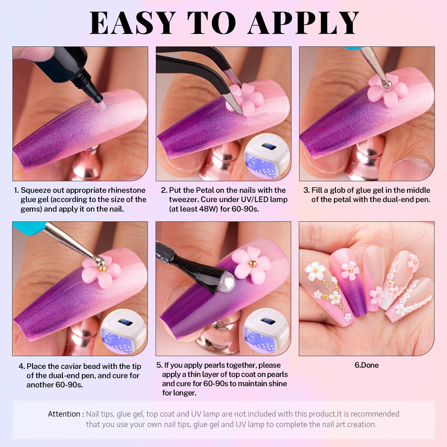 3D Nail Charms, Butterfly Colorful Acrylic Flower Starry AB Gemstones Caviar Beads Half Round Pearl, Flat Back Glass Crystal AB + Clear Round Rhinestones for Nails with Pickup & Dotting Tools