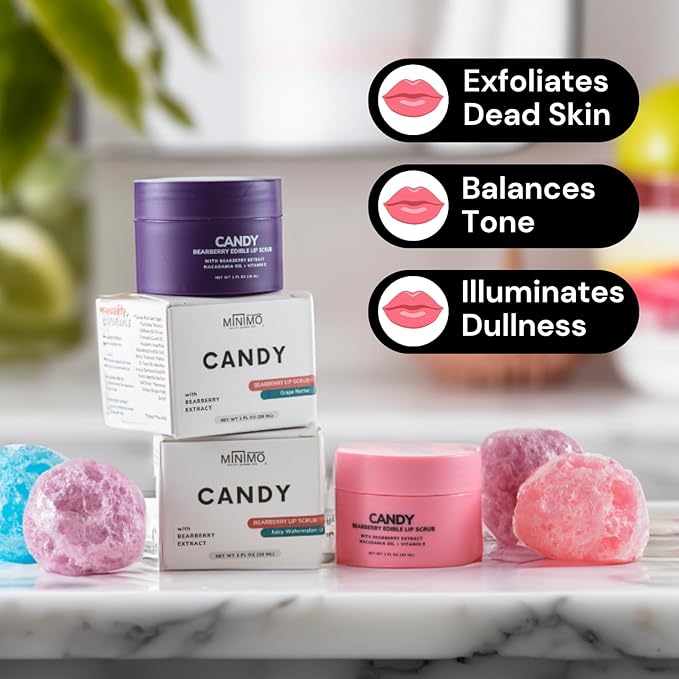 Minimo Candy Lip Exfoliator Scrub & Moisturizer - Lip Scrubber Exfoliator- Lip Brightening For Dark Lips Smoker| Removes Dead Skin from Dry Chapped Lips - Nourishes & Hydrates(1 oz) Grape Nectar