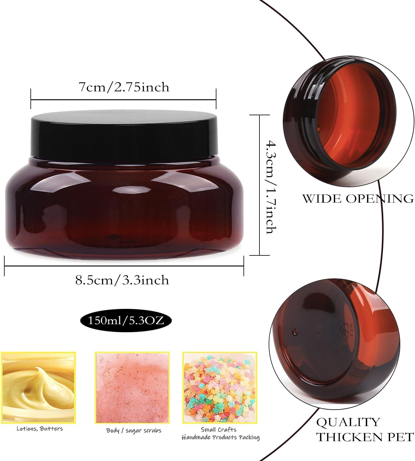 Amber Plastic Jars with Lids, 12 Pack Brown Body Scrub Jars Empty Refillable Containers Round Low Profile Samples Jars for Lotion, Body Butter, Sugar Scrub, Cream (5.3 OZ)