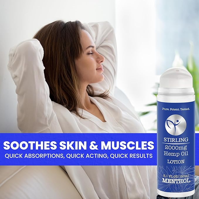 STIRLING Menthol Lotion + Hemp Oil – Maximum strength relief with cooling menthol and 100% pure hemp oil to soothe joints, relax muscles, and hydrate with aloe vera. 5 fl oz. (2000mg, Menthol)