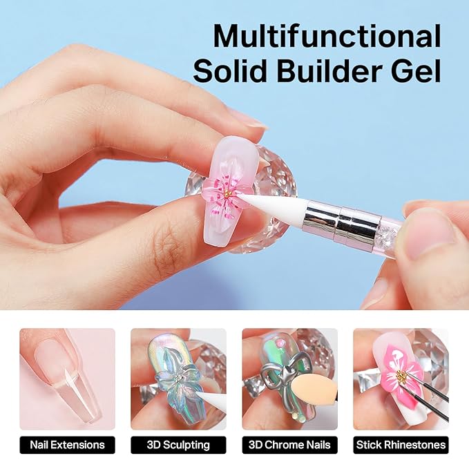 MIZHSE Solid Builder Gel for Nails, Clear 60g 3D Sculpting Gel for Nail Art Non-Sticky Molding Hard Gels UV LED Nail Charm with Gold Chrome Nail Powder and 3D Silicone Flower Mold Kit for DIY Salon