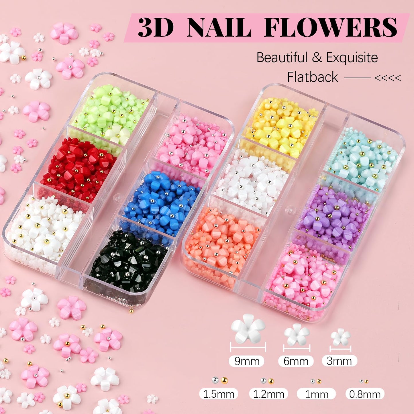 3D Flowers, Manicure Kit with Gel Glue, Colorful Acrylic Flower Nail Charms & Caviar Beads, Rhinestones & Gem Glue (UV/LED Needed) with Pickup & Dotting Tools