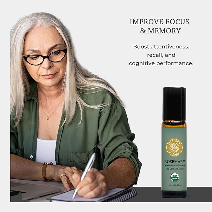 Silk Road Organic Rosemary Essential Oil & Jojoba Roll On, 100% Pure USDA Certified Aromatherapy to Improve Memory & Focus & Hair Health - 10 ml Roller