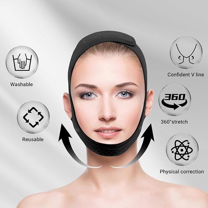 Reusable V Line Lifting Mask with Chin Strap for Sleeping,Face Lift Prevent Sagging, Jaw Exerciser,Black,M