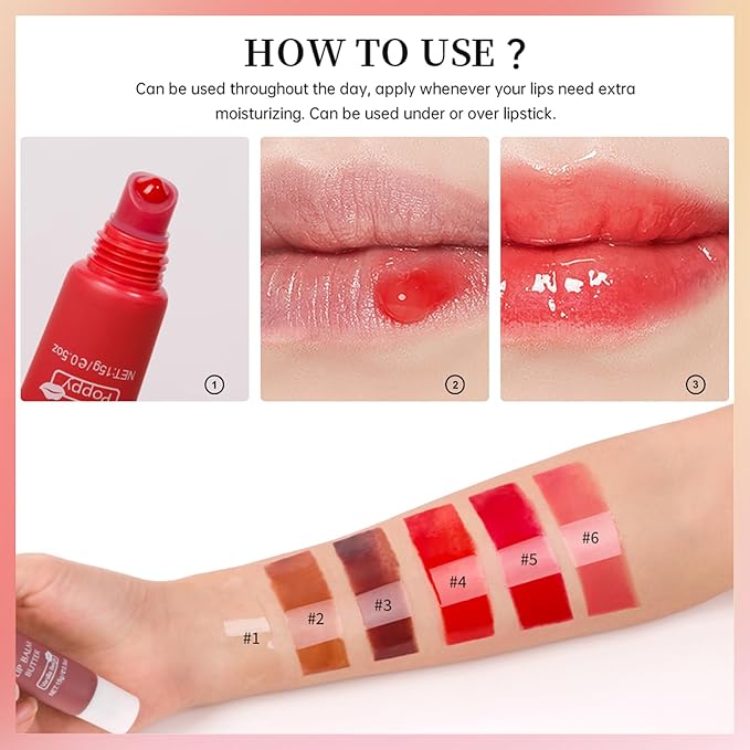 Erinde Lip Butter Balm, Moisture Hydration Lip Butter Gloss, Sheer Tinted Lip Mask and Lip Balm, Soothing Lip Treatment Care Makeup, Shine Lip Glow Oil for Dry, Chapped Lips, 04 Poppy