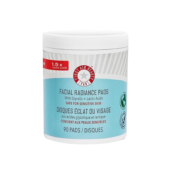 First Aid Beauty - Facial Radiance Pads with Gycloic & Lactic Acids – Daily Exfoliating Pads with AHA that Help Tone & Brighten Skin – Makeup Routine Prep - Compostable for Daily Use – 90 Count