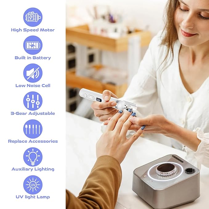 Electric Nail Drill, Cordless Drill, Portable Nail File Kit for Thick Toenails, Nail Dril Machine Professional Manicure Pedicure for Hand Natural Nails Care (White)