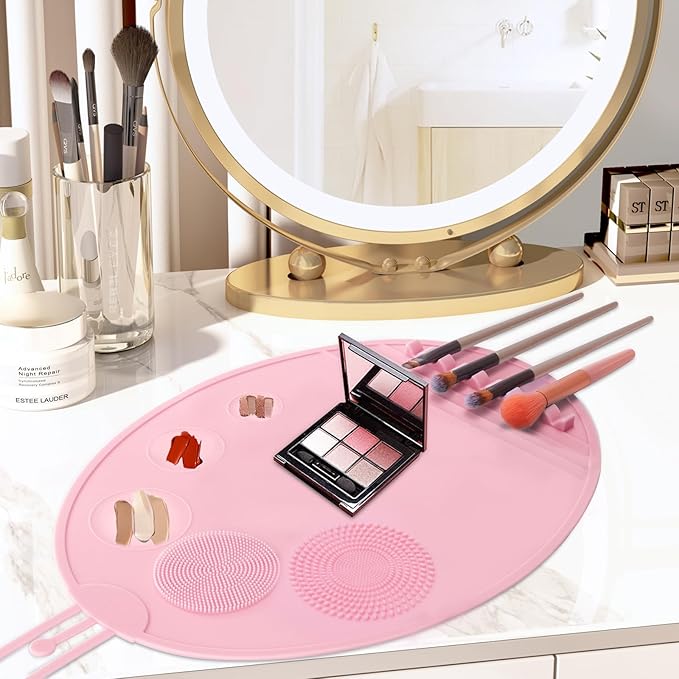 Makeup Palette, 3 in 1 Silicone Makeup Mat with Brush Cleaner and Vanity Protector Design for Mixing Foundation Eye Shadow Nail Art Gel, Cosmetic Brush Washing, Easy to Clean, Pink
