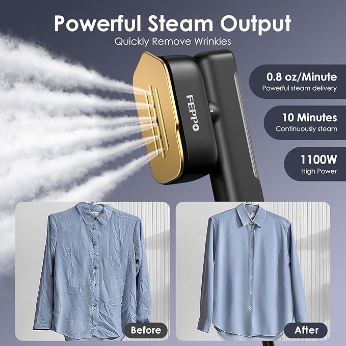 FEPPO Travel Steamer for Clothes, 110-240V Dual Voltage Portable Mini Steamer & Iron 2in1, 1100W Powerful Garment Steamer, Fast Heat Up, Travel Size, HD Display, for Home & Global & Europe Travel