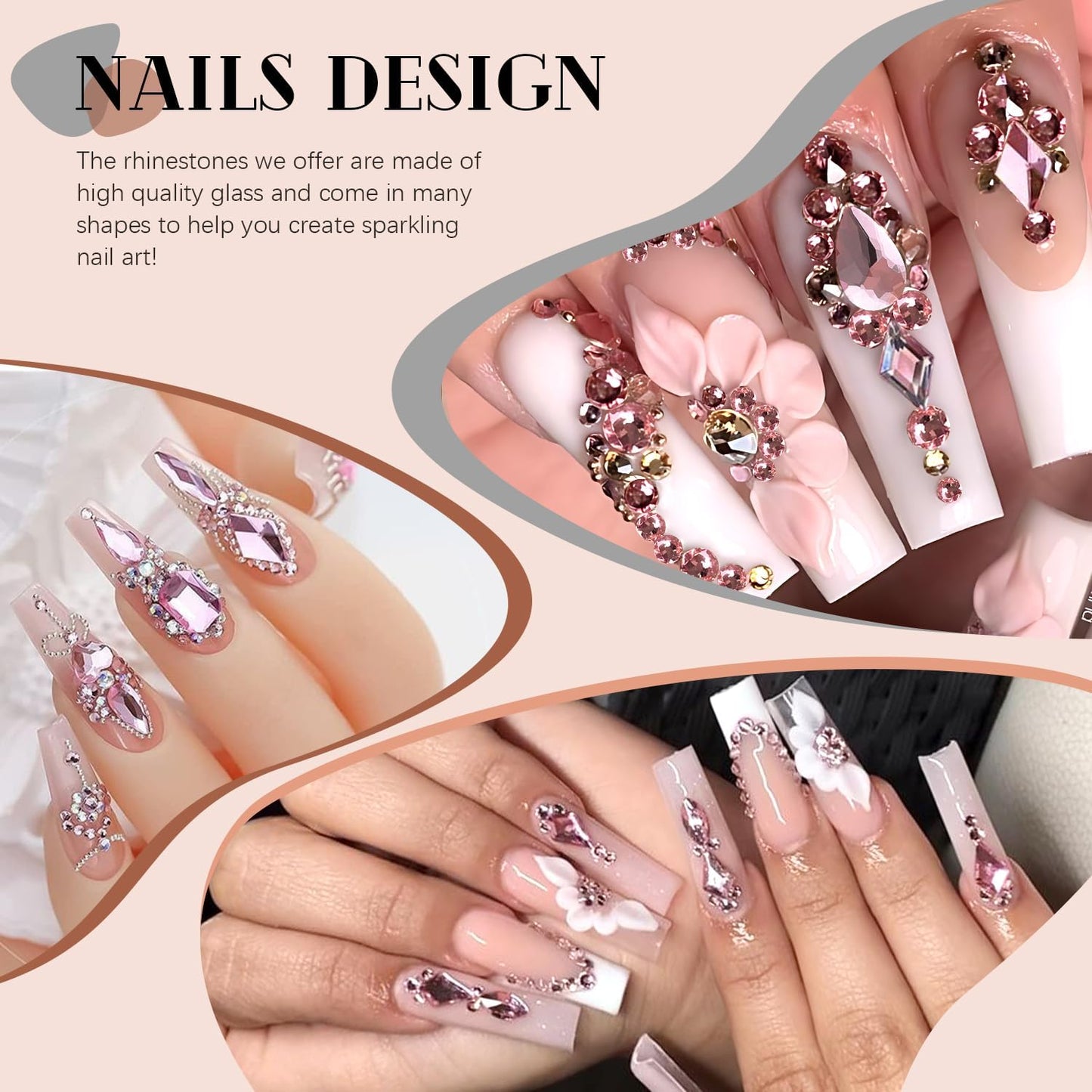 2680Pcs Pink Glass Nail Rhinestones 120Pcs Multi Shapes Flatback Nail Gems + 2560Pcs 1.5-4mm Round Crystal, Manicure Nail Charms Diamond Gemstones for Acrylic Nails Decoration