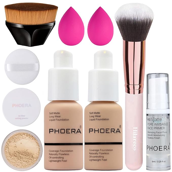PHOERA Foundation, Full Coverage Foundation, PHOERA Primer, PHOERA Powder, PHOERA Makeup Set, Kabuki Makeup Brushes Foundation Brush Powder Brush,2 Pcs Makeup Sponge (103 Warm peach+104 Buff Beige)
