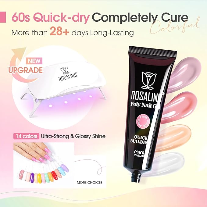 ROSALIND Poly Nail Gel Kit -14 Colors Nail Art Accessories kit Clear Nude Nail Extension Gel Starter with Slip Solution White Nude Pink Nail Extensions Gels Set with Mini UV Lamp