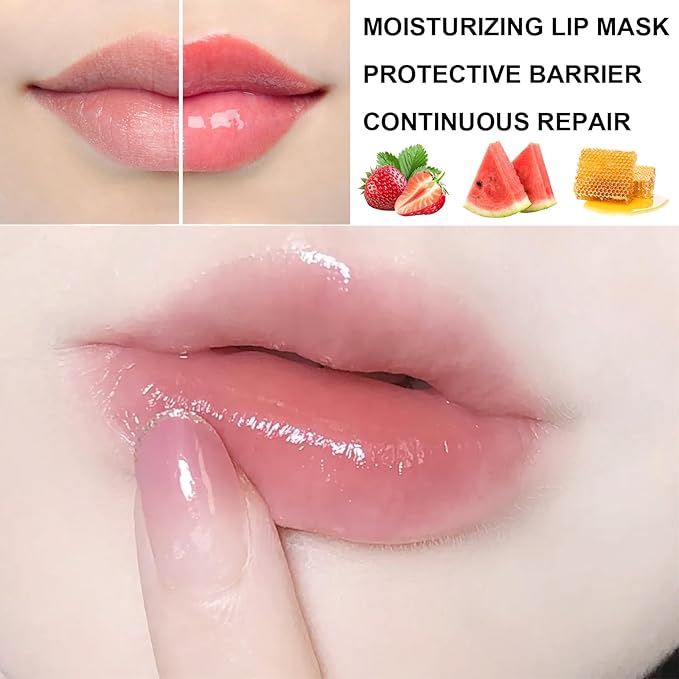 3Pcs Lip Balm Honey Pot with Stick, Honey Strawberry Apple Moisturizing and Hydrating Sleeping Lip Mask, Day and Night Repair and Care, Improve Lip Color, Reduce Lip Lines (SET B)