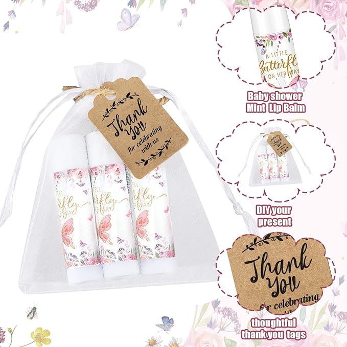 Demissle 50 Pcs Baby Shower Lip Balm Gift Set with 100 Pcs Organza Bags Baby Shower Party Favor for Guest Thank You Tag Rope Baby Shower Party Decoration Gender Reveal Souvenirs (Butterfly)